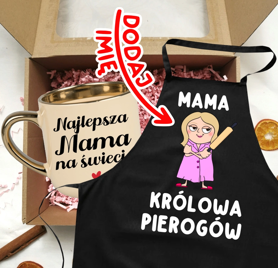 Zestaw prezentowy dla Mamy z okazji Dnia Mamy - kubek Najlepsza Mama na świecie oraz fartuch z imieniem - MAMA KRÓLOWA PIEROGÓW - POSTAĆ BLOND WŁOSY Z