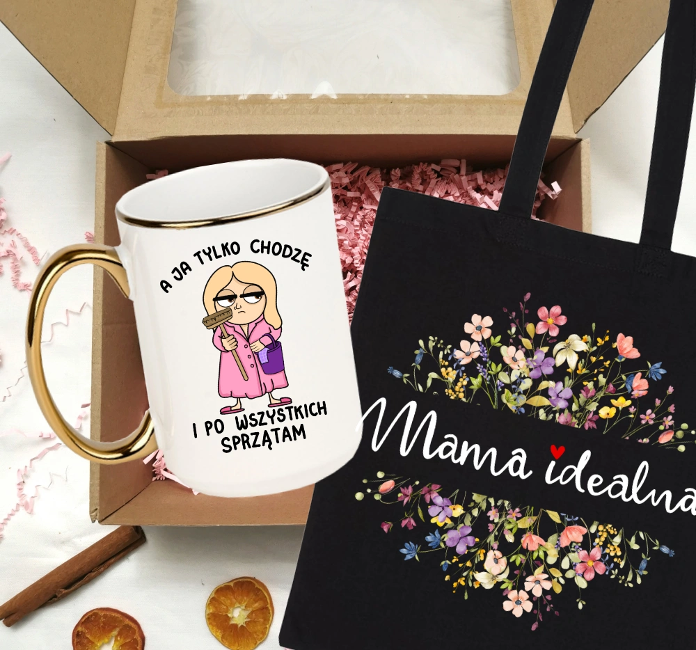 Zestaw prezentowy dla mamy - KUBEK A JA TYLKO CHODZĘ I PO WSZYSTKICH SPRZĄTAM Z BLONDYNKĄ oraz torba najlepsza mama na świecie