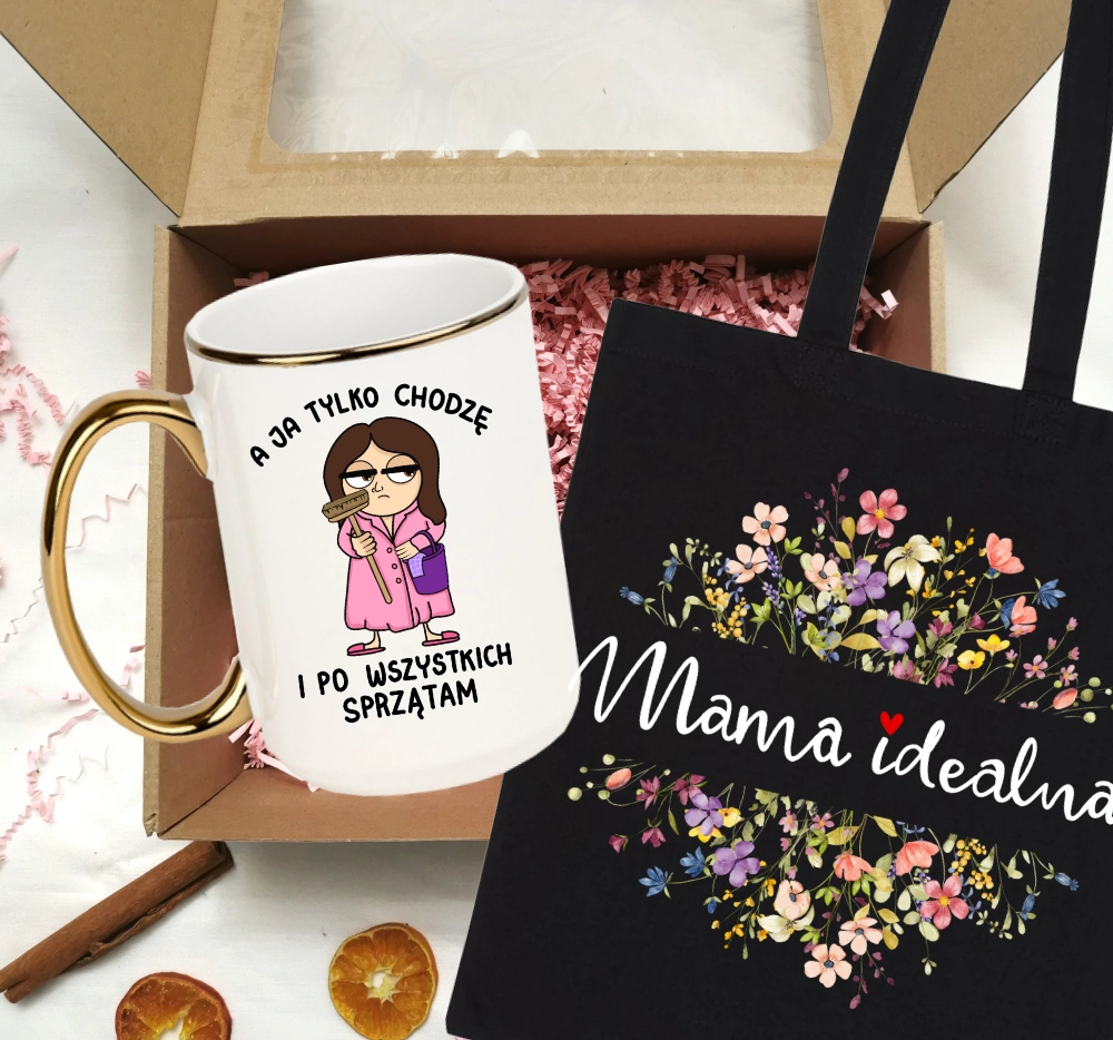 Zestaw prezentowy dla mamy - KUBEK A JA TYLKO CHODZĘ I PO WSZYSTKICH SPRZĄTAM Z BRUNETKĄ oraz torba najlepsza mama na świecie (1)