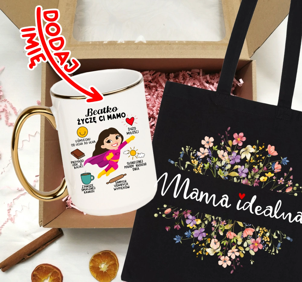Zestaw prezentowy dla mamy na Dzień Mamy z życzeniami oraz imieniem na kubku - brunetka