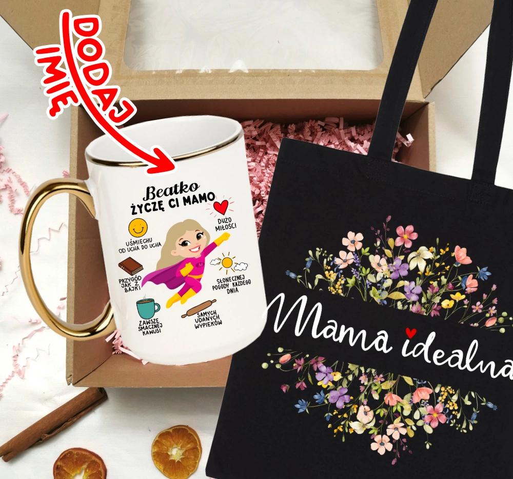 Zestaw prezentowy dla mamy na Dzień Mamy z życzeniami oraz imieniem na kubku - BLONDYNKA