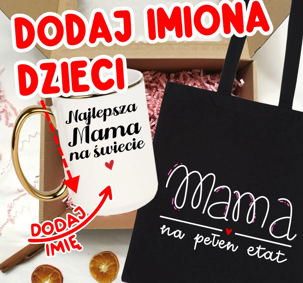 Zestaw prezentowy dla mamy na Dzień Mamy NAJLEPSZA MAMA NA ŚWIECIE Z IMIONAMI DZIECI NA KUBKU