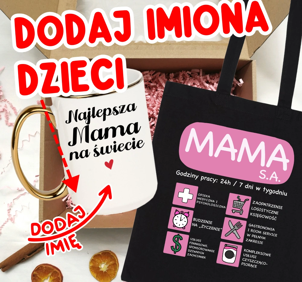 Zestaw prezentowy dla mamy na Dzień Mamy NAJLEPSZA MAMA NA ŚWIECIE Z IMIONAMI DZIECI NA KUBKU