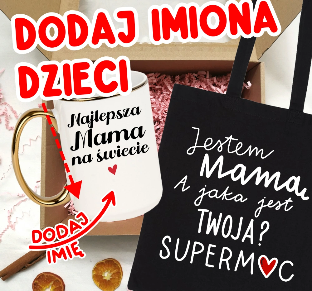 Zestaw prezentowy dla mamy na Dzień Mamy NAJLEPSZA MAMA NA ŚWIECIE Z IMIONAMI DZIECI NA KUBKU