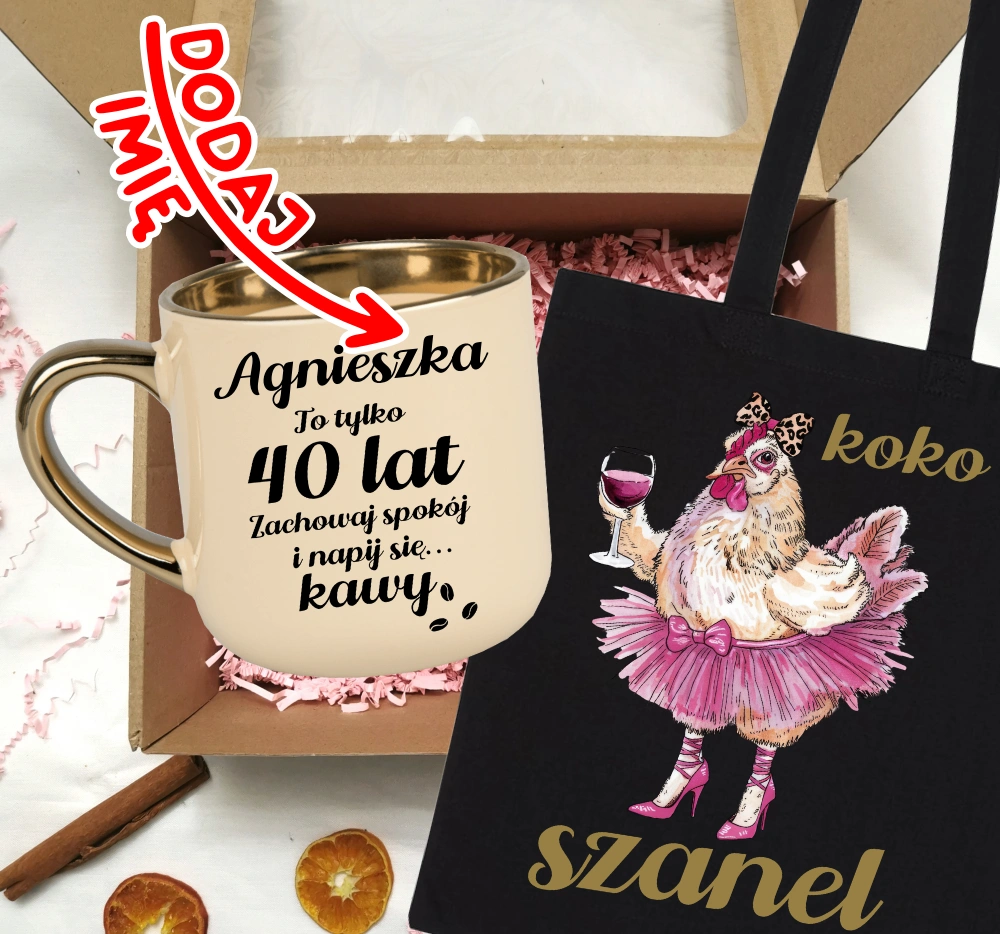 Zestaw prezentowy na 40 urodziny - kubek na 40 z imieniem oraz torba