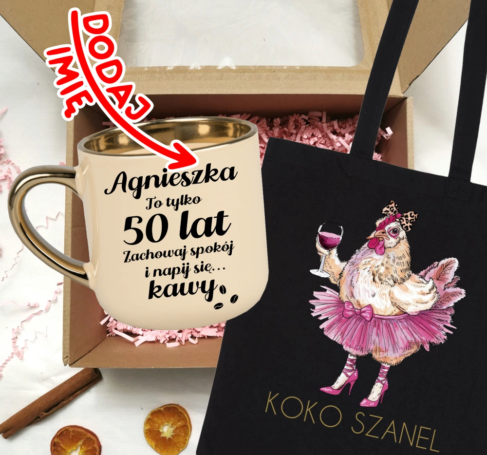 Zestaw prezentowy na 50 urodziny - kubek na 50 z imieniem oraz torba