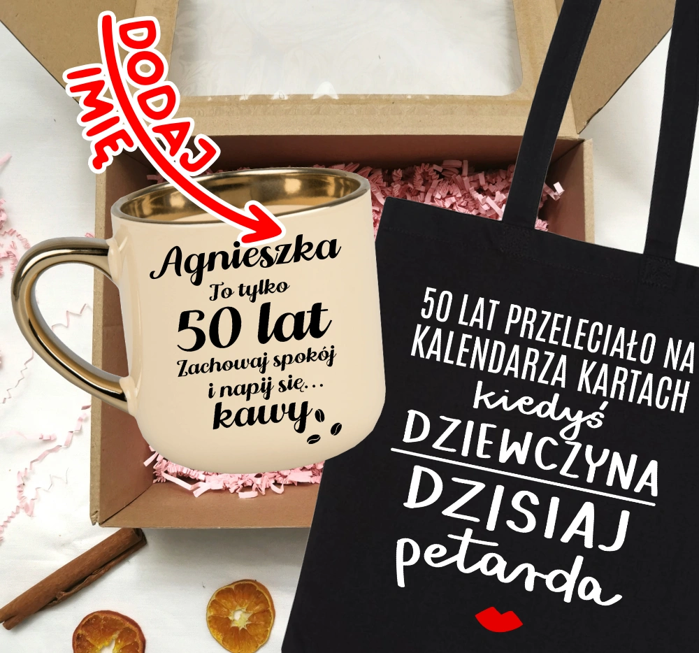 Zestaw prezentowy na 50 urodziny - kubek na 50 z imieniem oraz torba