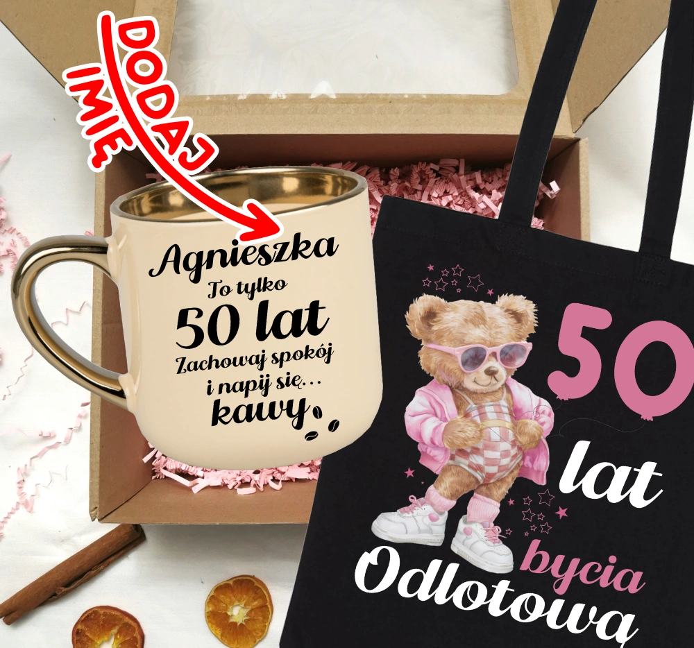 Zestaw prezentowy na 50 urodziny - kubek na 50 z imieniem oraz torba