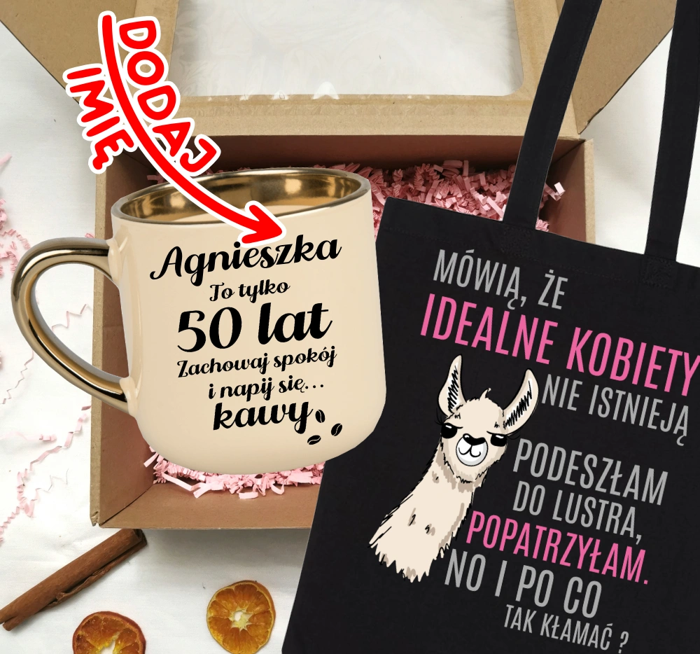 Zestaw prezentowy na 50 urodziny - kubek na 50 z imieniem oraz torba