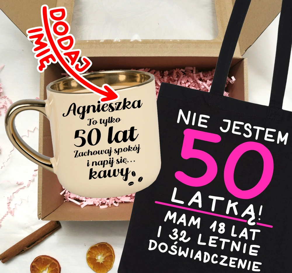 Zestaw prezentowy na 50 urodziny - kubek na 50 z imieniem oraz torba