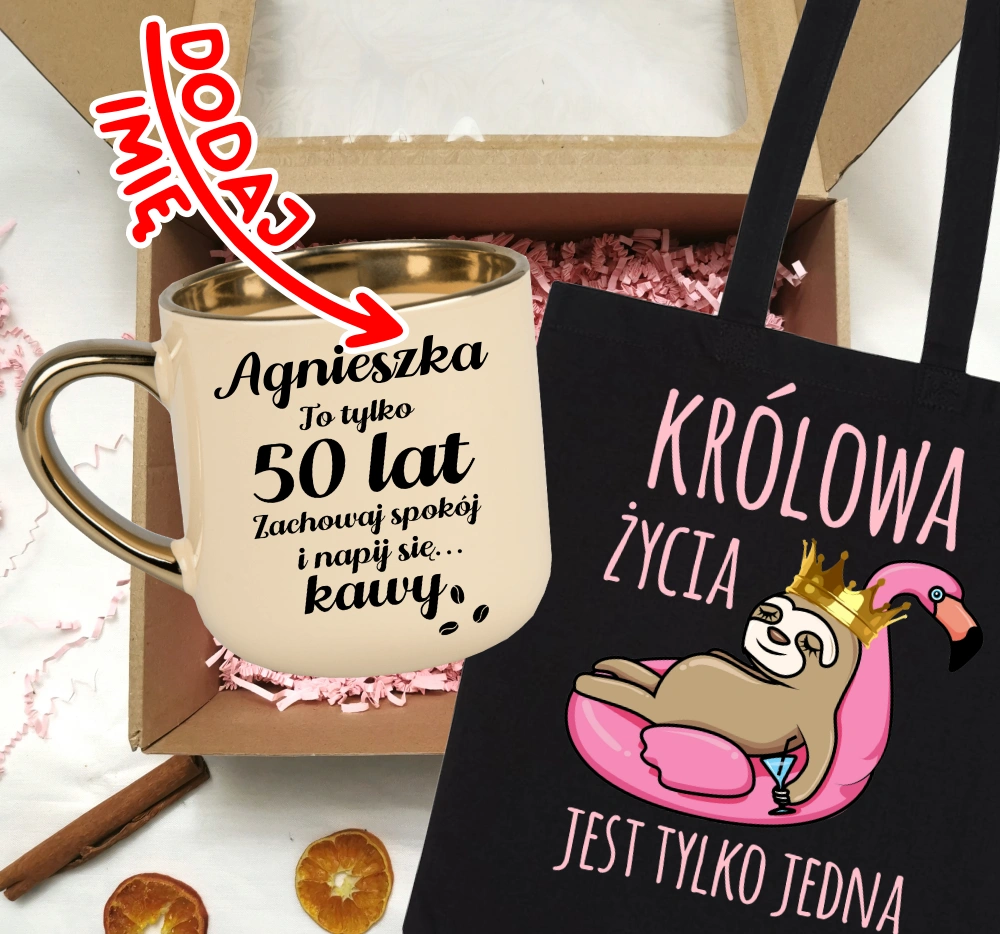 Zestaw prezentowy na 50 urodziny - kubek na 50 z imieniem oraz torba