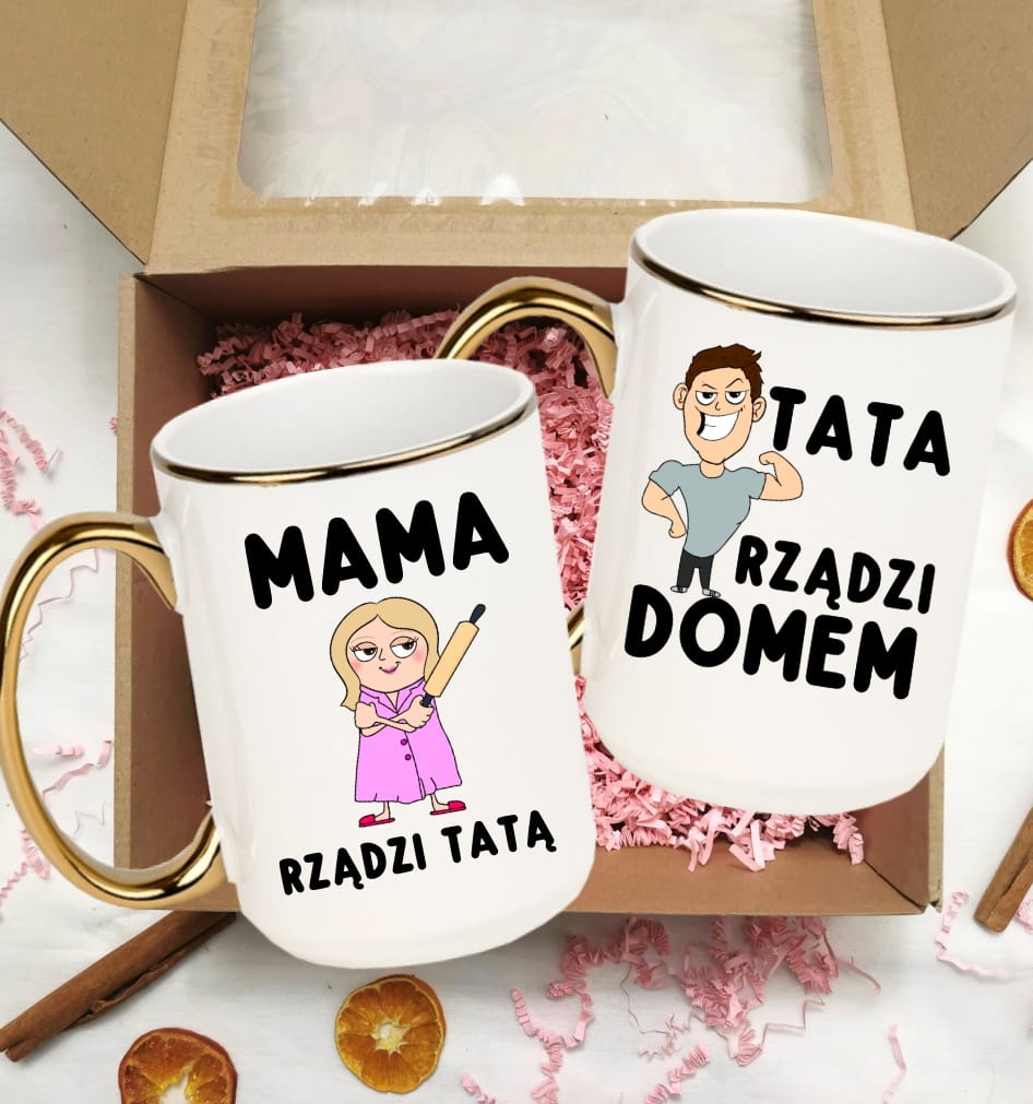 Zestaw kubków dla Mamy i Taty MAMA RZĄDZI TATĄ, TATA RZĄDZI DOMEM - BLONDYNKA PLUS BRUNET