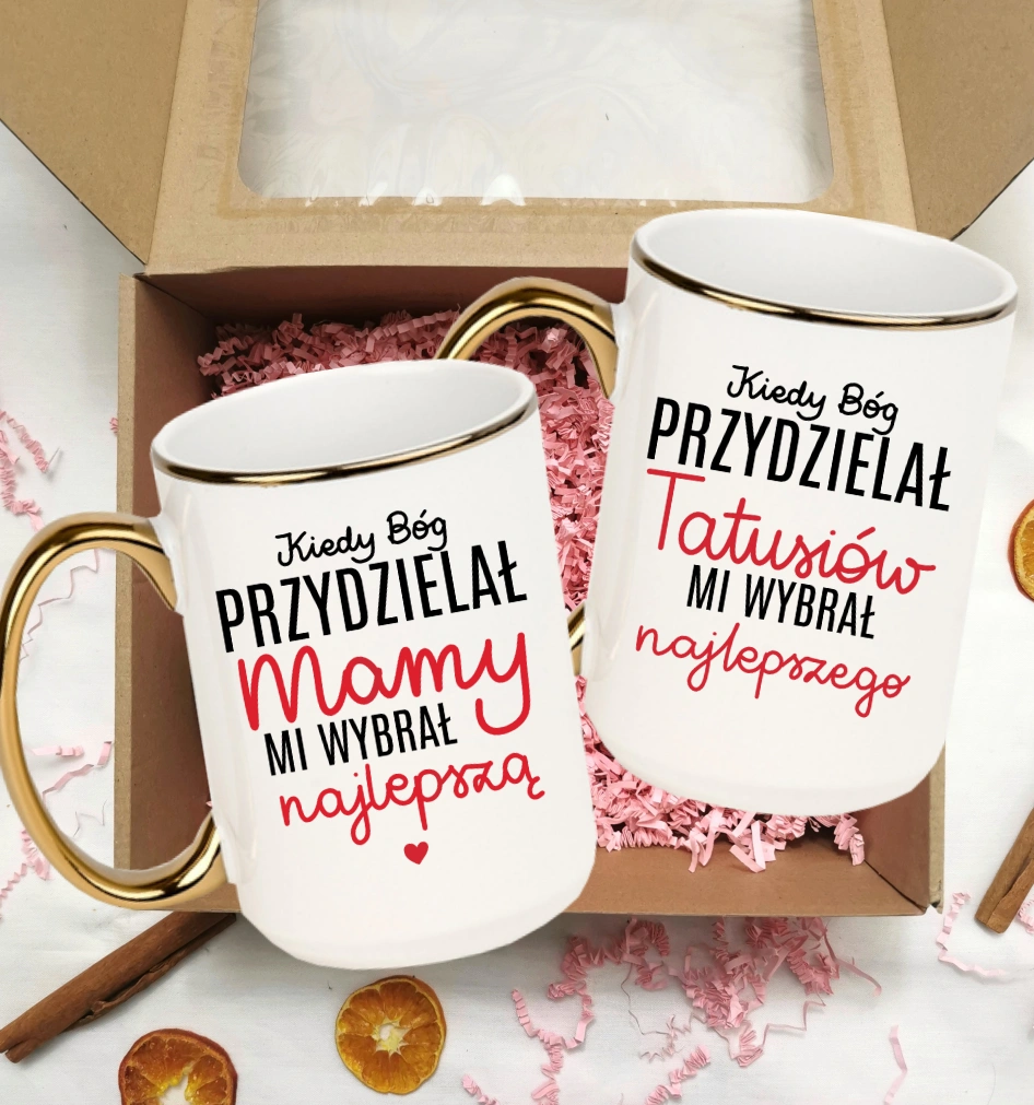 Zestaw kubków dla Mamy i Taty KIEDY BÓG PRZYDZIELAŁ MAMY I TATUSIÓW MI WYBRAŁ NAJLEPSZĄ/NAJLEPSZEGO