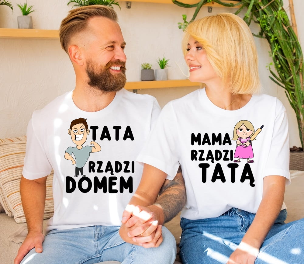 Zestaw koszulek dla Mamy i Taty - z mamą blondynką i tatą brunetem - MAMA RZĄDZI TATĄ, TATA RZĄDZI DOMEM