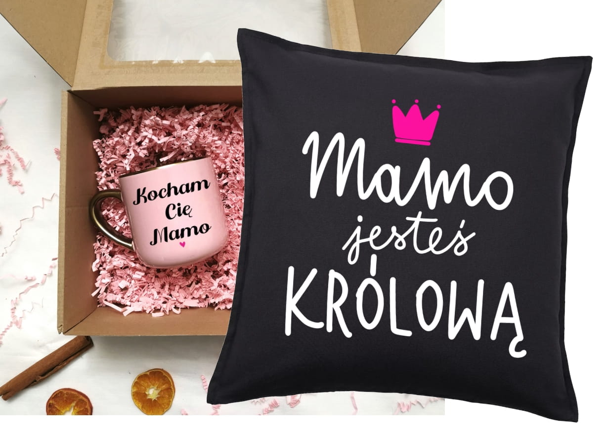 Zestaw prezentowy dla mamy - Kubek KOCHAM CIĘ MAMO ORAZ PODUSZKA MAMO JESTEŚ KRÓLOWĄ