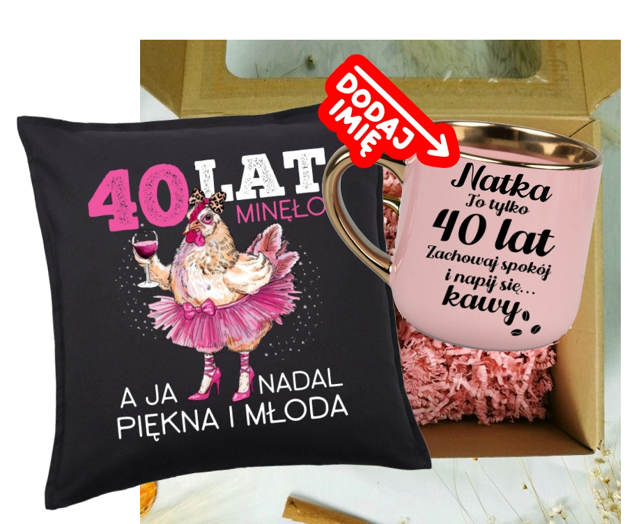 Zestaw prezentowy na 40 urodziny - kubek na 40 z imieniem oraz poduszka