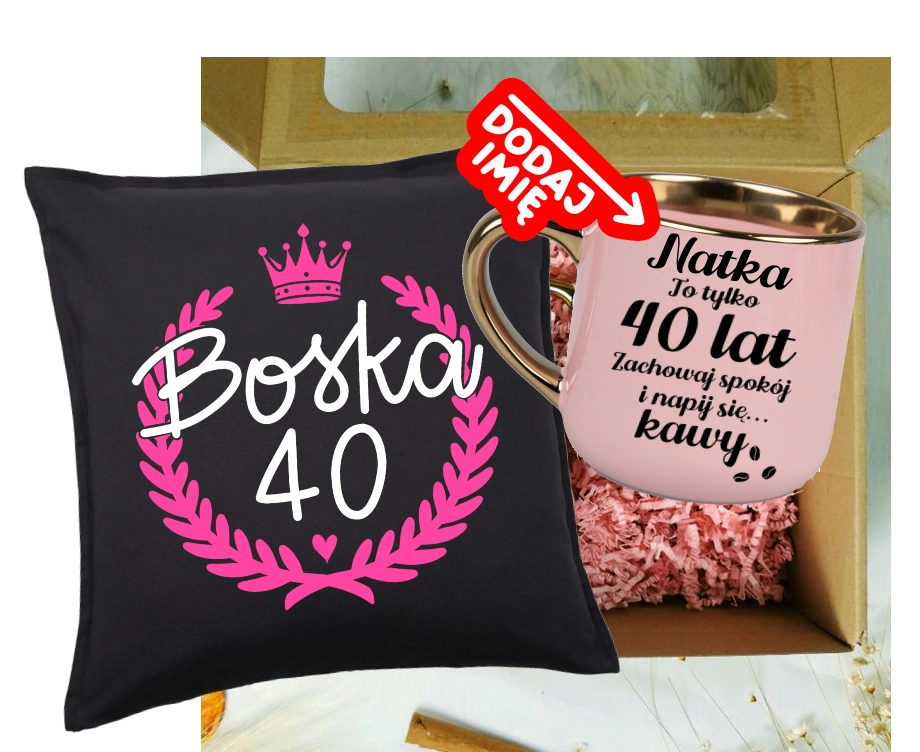 Zestaw prezentowy na 40 urodziny - kubek na 40 z imieniem oraz poduszka