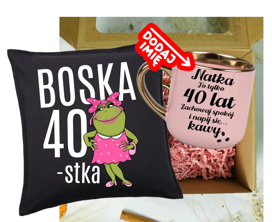 Zestaw prezentowy na 40 urodziny - kubek na 40 z imieniem oraz poduszka