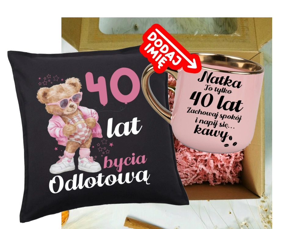 Zestaw prezentowy na 40 urodziny - kubek na 40 z imieniem oraz poduszka