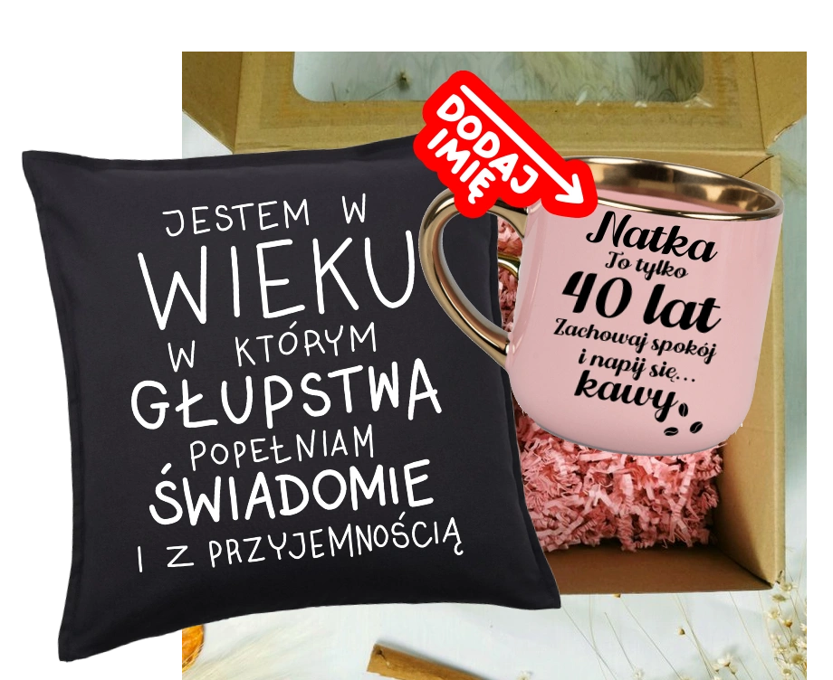 Zestaw prezentowy na 40 urodziny - kubek na 40 z imieniem oraz poduszka
