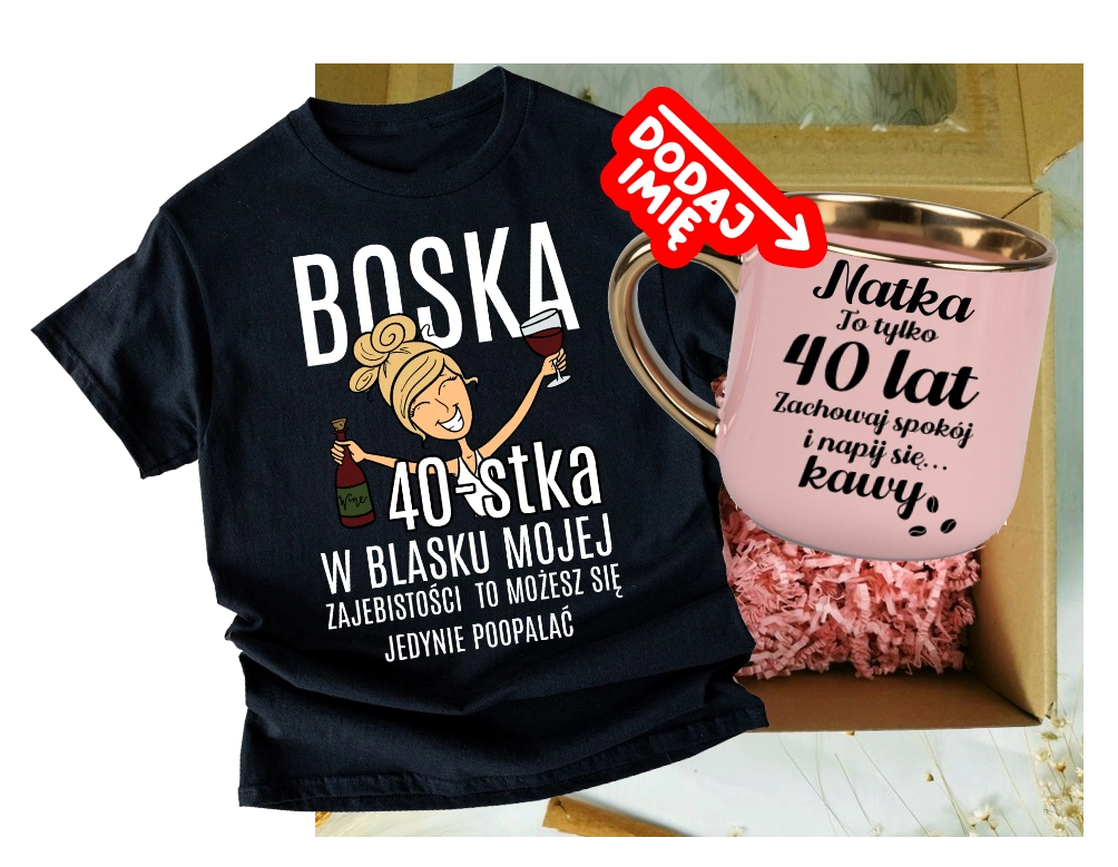 Zestaw prezentowy na 40 urodziny - kubek na 40 z imieniem oraz koszulka na 40 urodziny z blondynką