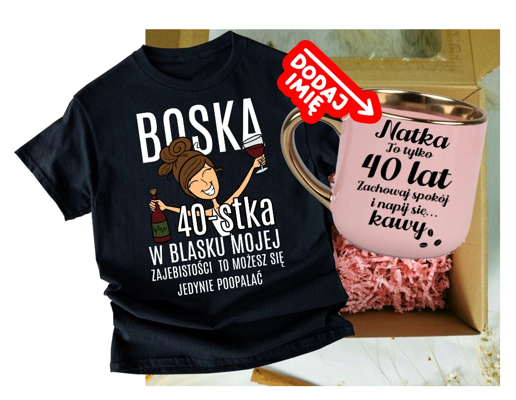Zestaw prezentowy na 40 urodziny - kubek na 40 z imieniem oraz koszulka na 40 urodziny z brunetką