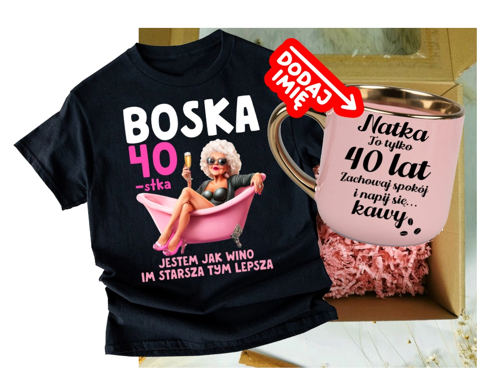 Zestaw prezentowy na 40 urodziny - kubek na 40 z imieniem oraz koszulka na 40 urodziny BOSKA 40-stka