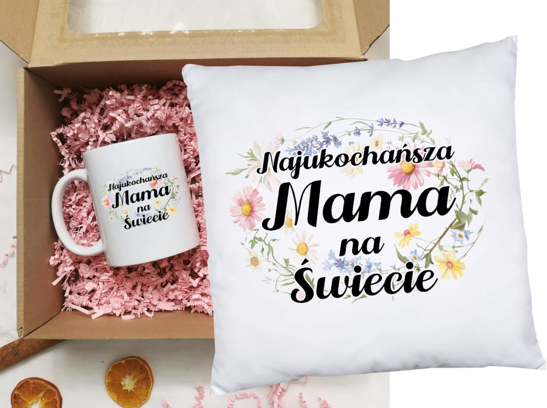 Zestaw prezentowy na Dzień Mamy - poduszka oraz kubek dla Mamy NAJUKOCHAŃSZA MAMA NA ŚWIECIE