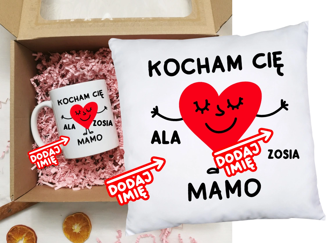 Prezent dla Mamy na Dzień Mamy - kubek oraz poduszka KOCHAM CIĘ MAMO Z IMIONAMI DZIECI