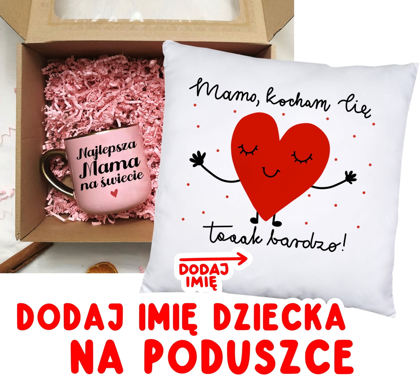 Prezent na Dzień Matki - kubek dla mamy, oraz poduszka dla mamy z imionami dzieci - MAMO KOCHAM CIĘ TAK BARDZO
