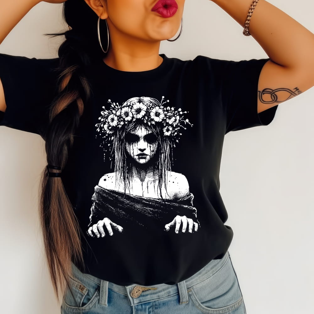 Damska czarna koszulka - z dziewczyną w wianku6