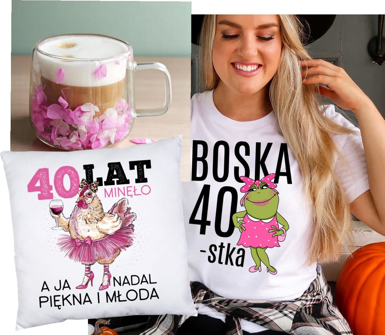 Zestaw prezentowy na 40 urodziny BOSKA 40-stka - poduszka na 40 oraz koszulka na 40 urodziny i kubek (1) (1)