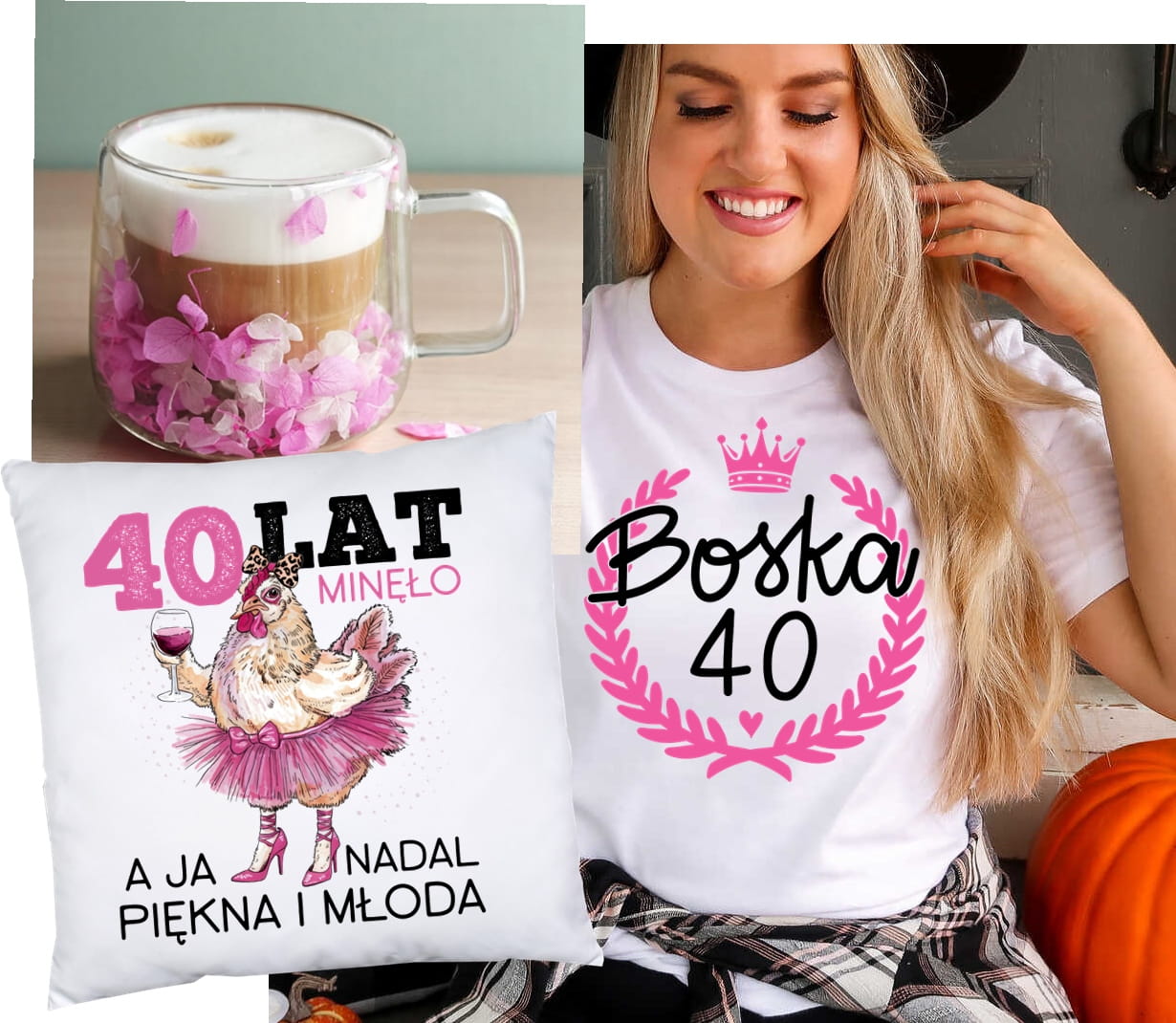 Zestaw prezentowy na 40 urodziny BOSKA 40-stka - poduszka na 40 oraz koszulka na 40 urodziny i kubek