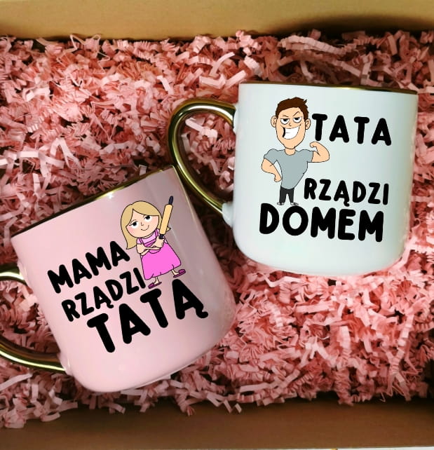 Zestaw kubków dla Taty i Mamy - MAMA RZĄDZI TATĄ Z BLONDYNKĄ - TATA RZĄDZI DOMEM