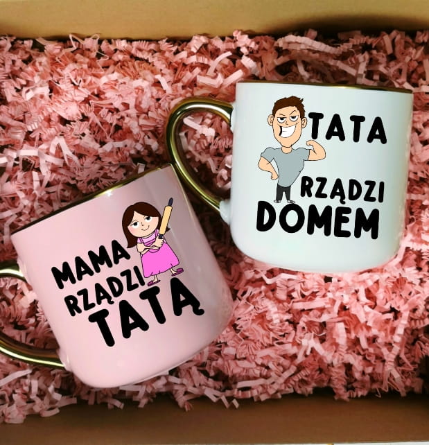Zestaw kubków dla Taty i Mamy - MAMA RZĄDZI TATĄ Z BRUNETKĄ - TATA RZĄDZI DOMEM