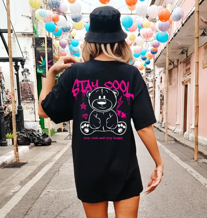 Czarna koszulka OVERSIZE damska z nadrukiem z tyłu - wzór misiek10