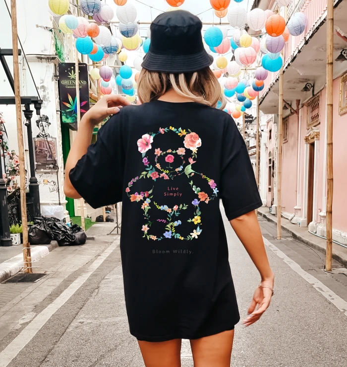 Czarna koszulka OVERSIZE damska z nadrukiem z tyłu - wzór misiek11