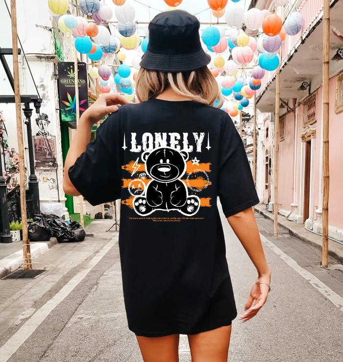 Czarna koszulka OVERSIZE damska z nadrukiem z tyłu - wzór misiek14