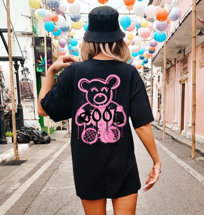Czarna koszulka OVERSIZE damska z nadrukiem z tyłu - wzór misiek34