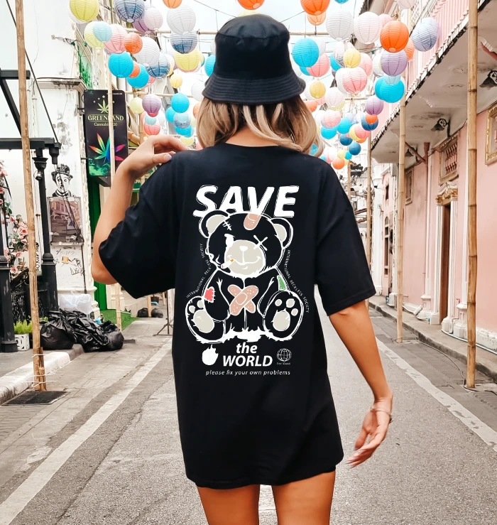 Czarna koszulka OVERSIZE damska z nadrukiem z tyłu - wzór misiek37