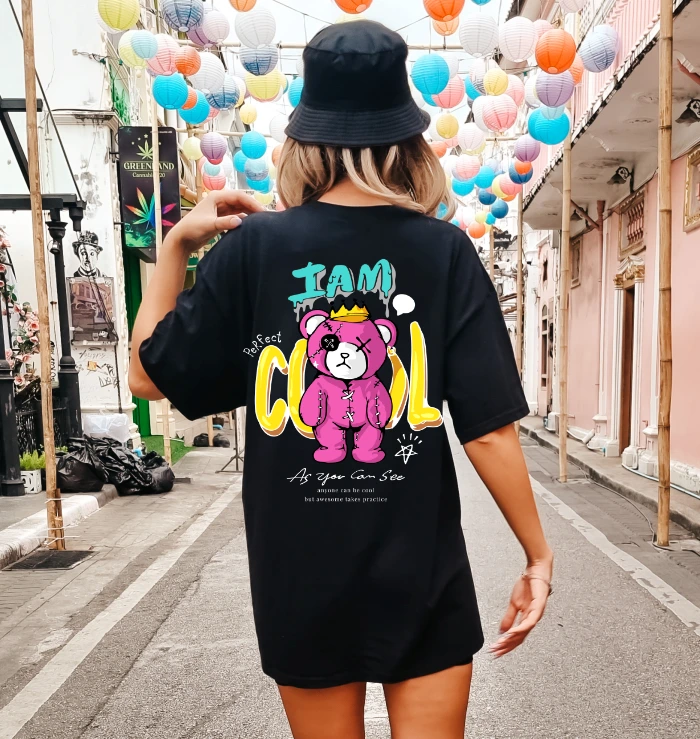 Czarna koszulka OVERSIZE damska z nadrukiem z tyłu - wzór misiek41