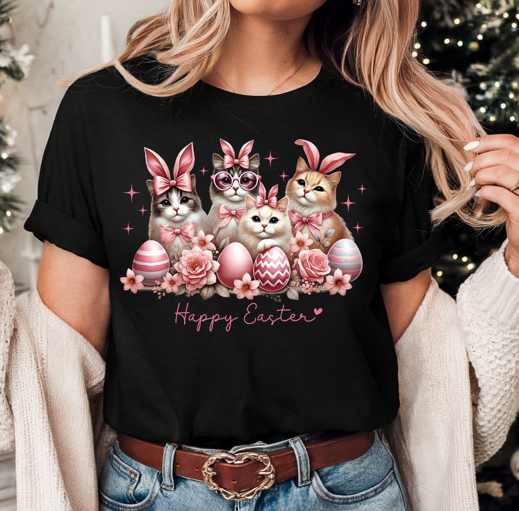 Damska koszulka na Wielkanoc Happy Easter Z KOTAMI