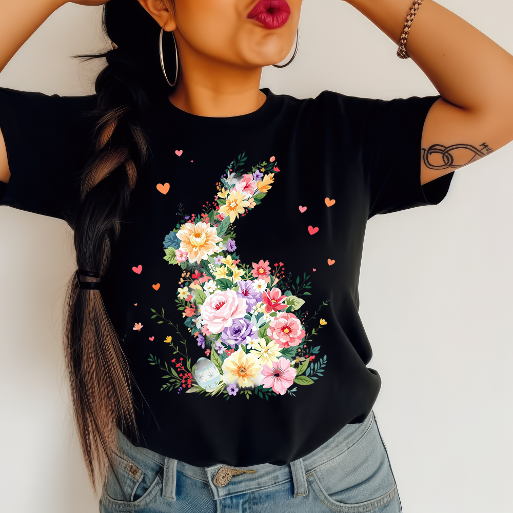 Czarna Damska koszulka z zajączkiem zajączek kwiaty1