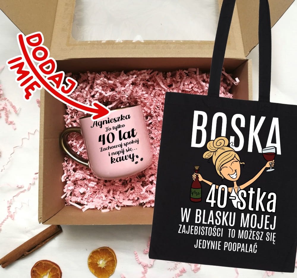 Zestaw prezentowy na 40 urodziny - kubek na 40 z imieniem oraz torba z blondynką