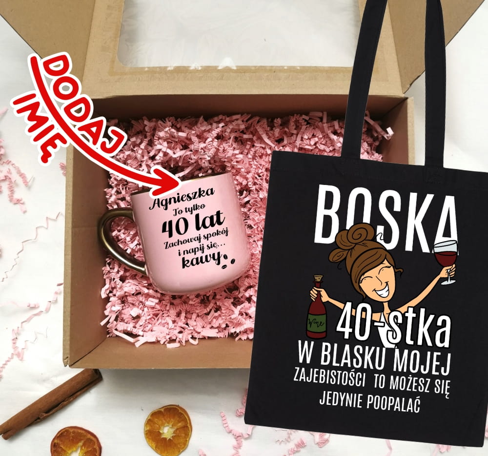 Zestaw prezentowy na 40 urodziny - kubek na 40 z imieniem oraz torba z brunetką