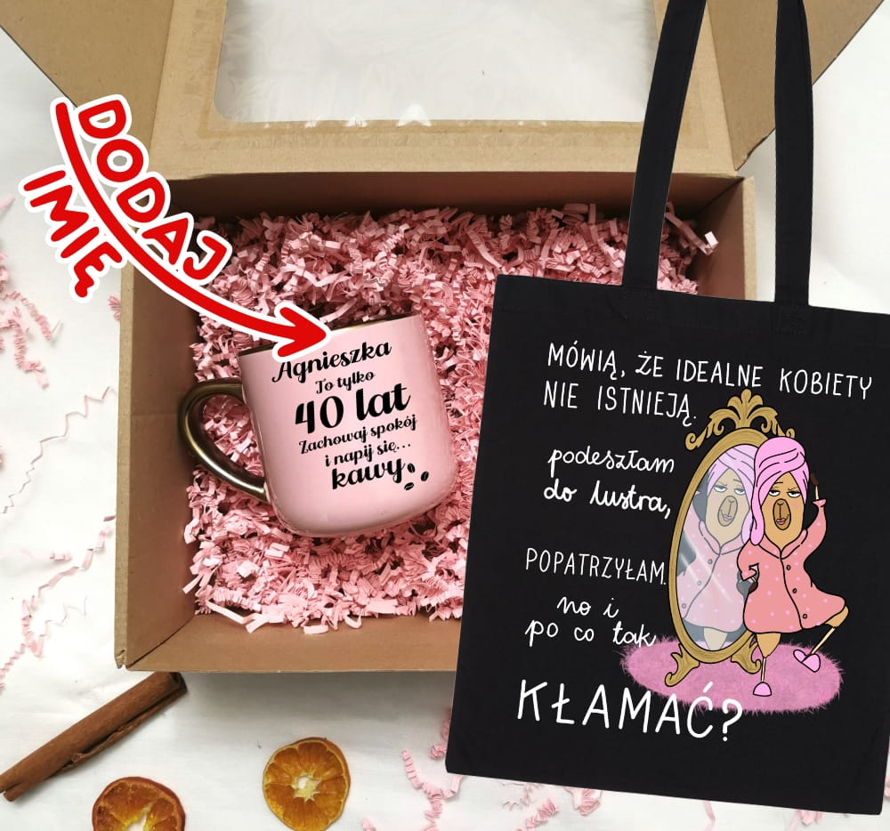 Zestaw prezentowy na 40 urodziny - kubek na 40 z imieniem oraz torba