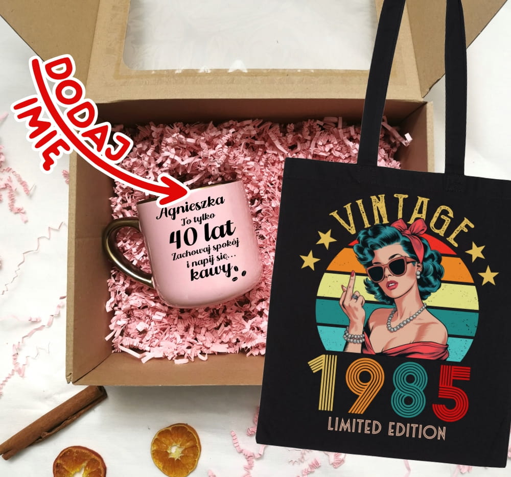 Zestaw prezentowy na 40 urodziny - kubek na 40 z imieniem oraz torba