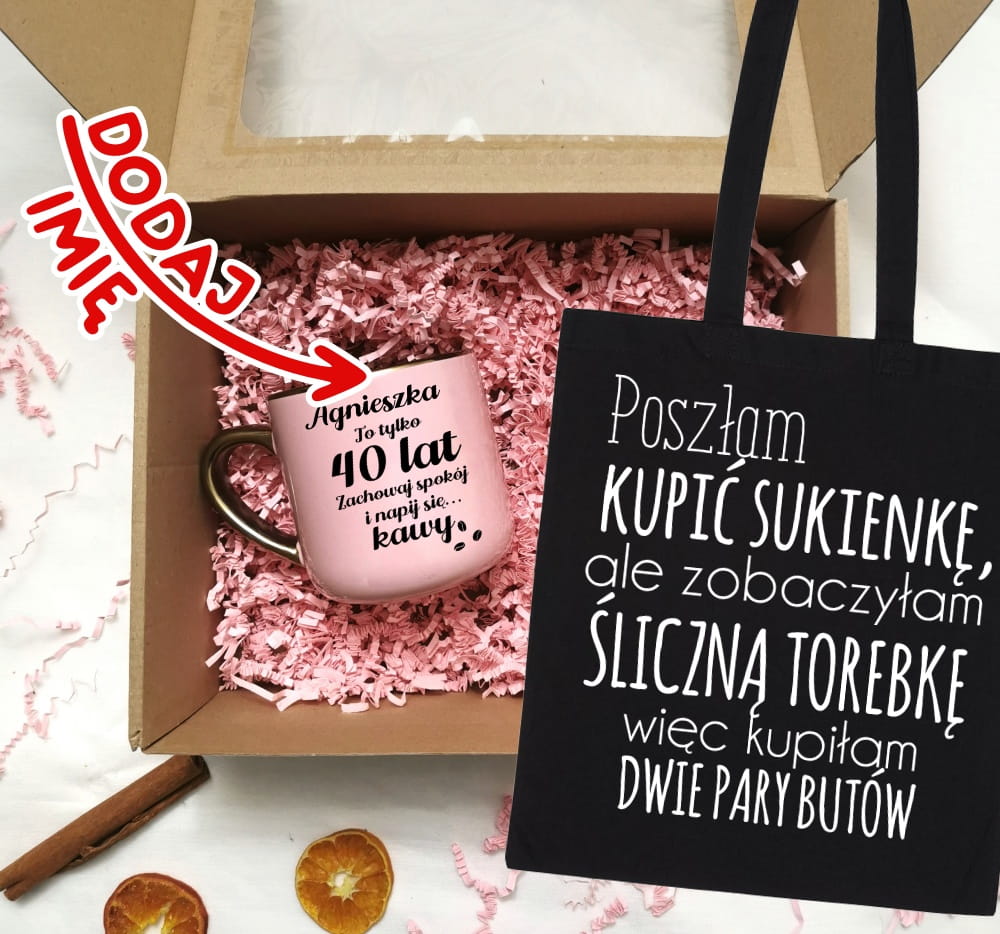Zestaw prezentowy na 40 urodziny - kubek na 40 z imieniem oraz torba