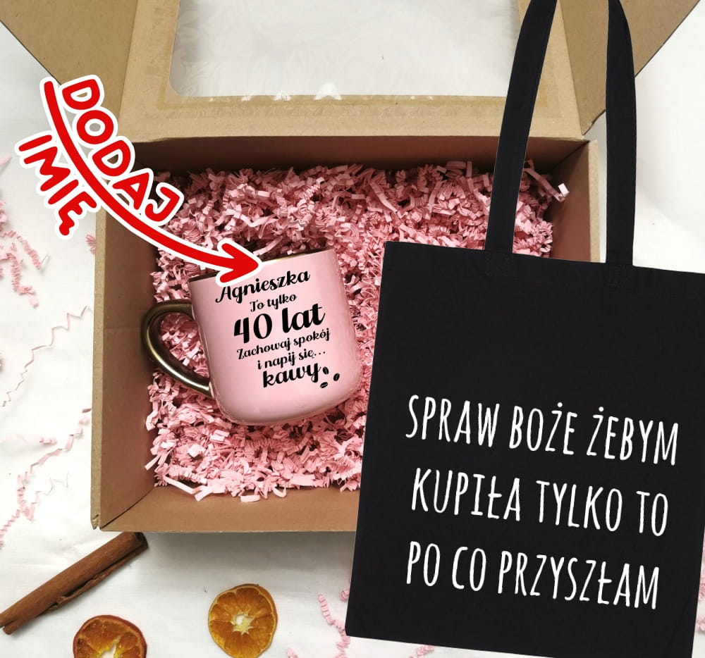 Zestaw prezentowy na 40 urodziny - kubek na 40 z imieniem oraz torba