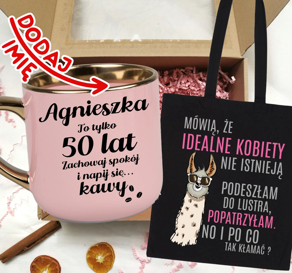 Zestaw prezentowy na 50 urodziny - kubek na 50 z imieniem oraz torba (1)